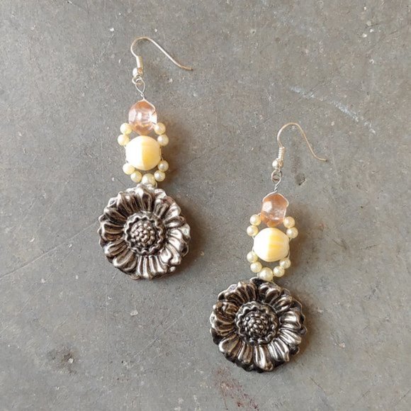 Handmade Earrings Silver Metal Flower and Pearl Bead Recycled Repurposed - Picture 6 of 6